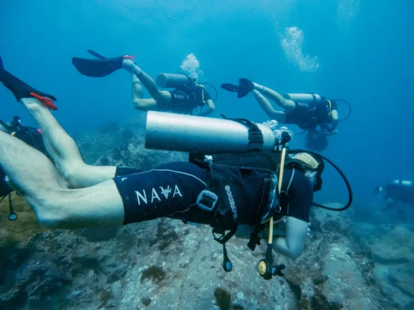 Group of people in scuba diving equipment diving in Koh Tao