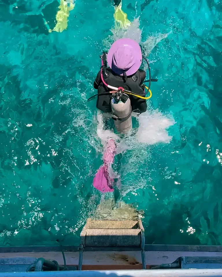 A scuba diver enter the water form SunChaser dive boat