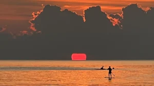 a person on a surfboard in the water with a sunset in the background