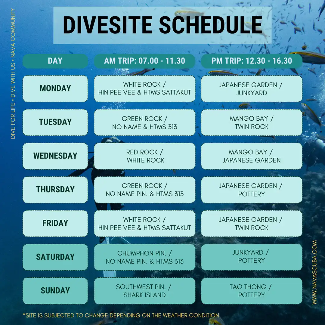 Nava Scuba Diving 2025 Divesite Schedule